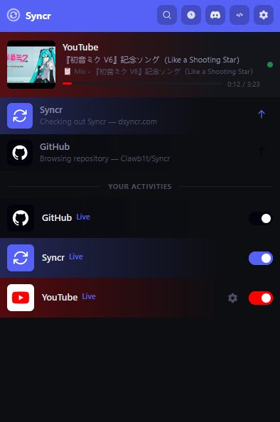 Syncr popup overview