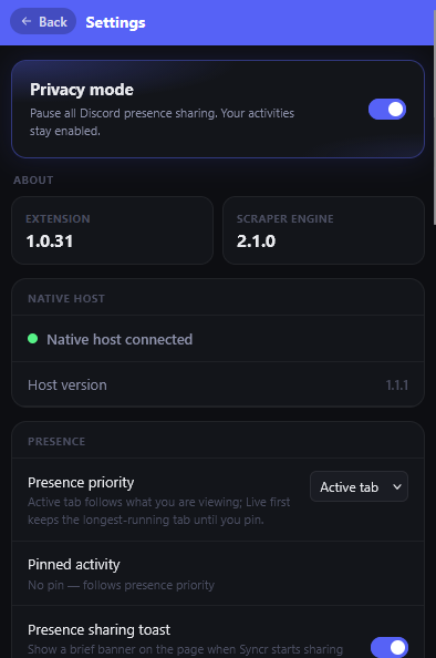 Syncr global settings