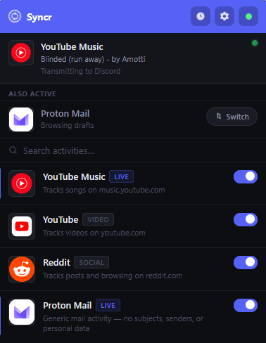 Syncr popup main view