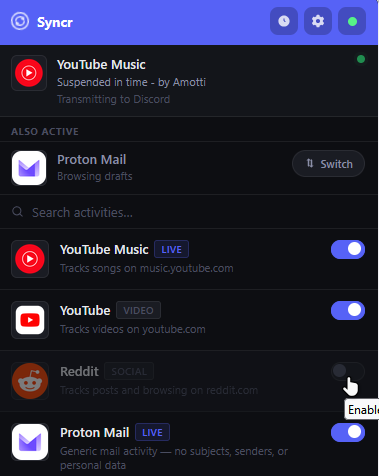 Syncr popup toggling supported sites